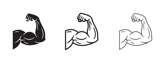 Obraz premium Muscular arm flexed bicep illustrations in black and white on plain background various fitness and strength symbols
