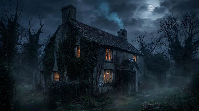Ancient stone cottage illuminated at night with atmospheric fog and moonlight