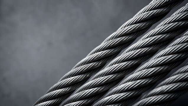 Heavy steel wire rope cables arranged in parallel. Industrial metal texture close up for manufacturing, engineering, and logistics construction background. Silver grey material pattern.