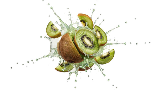 Fresh green kiwi fruit slices exploding with liquid juice splashes, isolated on a black background, speed of fruit motion