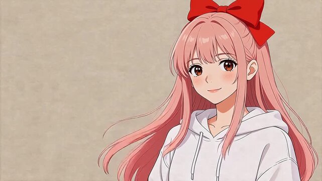 Anime girl with pink hair and red bow