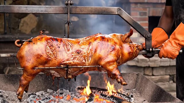 Whole pig roasting on a rotisserie spit over charcoal.
