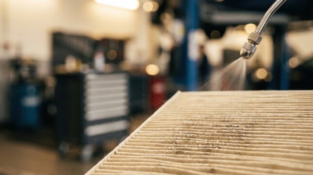 Close up of a dirty air filter being cleaned with a spray nozzle in a repair shop