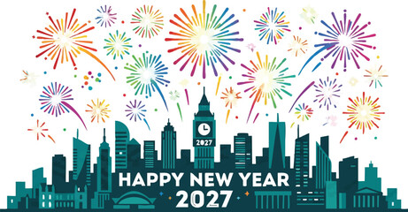 Fototapeta premium Clock tower stands prominently within a metropolitan silhouette as vibrant fireworks explode in the night sky for 2027.