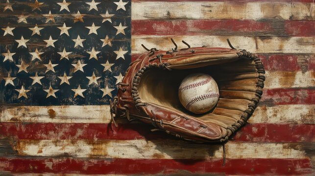 Vintage baseball glove, ball on rustic American flag background. Classic sports equipment American pride, pastime. Ideal for sports memorabilia patriotic themes. Timeless image suggesting teamwork