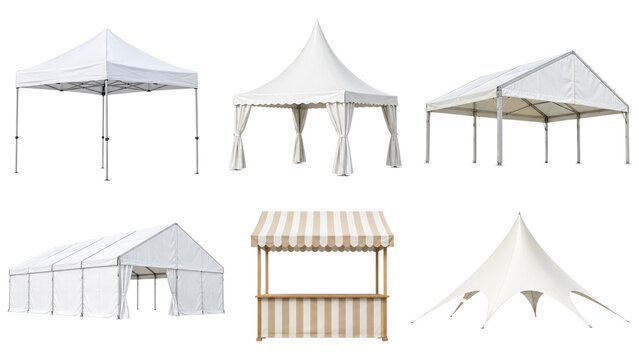 Collection of various white outdoor tents, canopies, marquees and a striped vendor stall displayed on a transparent background