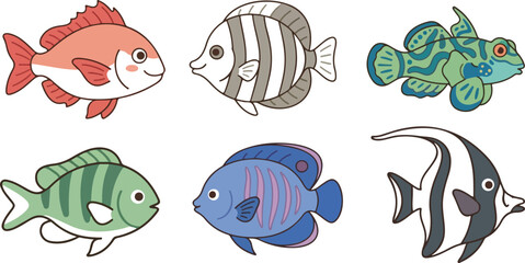 Colorful tropical coral reef fish collection vector illustration featuring cute sea creatures like angelfish pufferfish mandarin fish for marine life design © Mirja