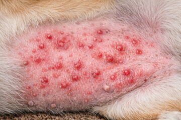 Fototapeta premium Close-up view of a dog's skin featuring red spots