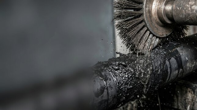 Rotary wire brush cleaning heavy grease and grime from industrial pipe car maintenance