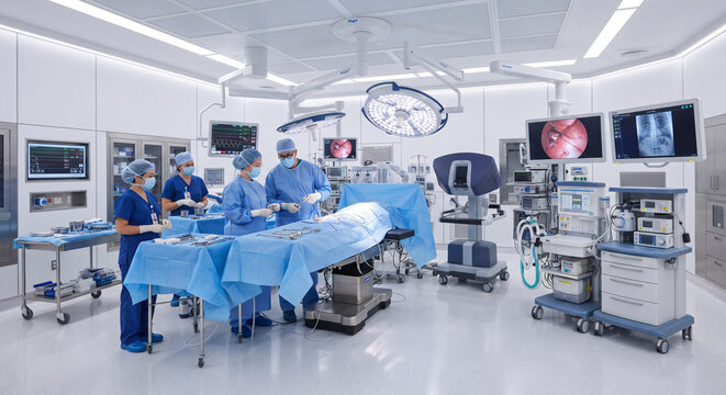 Team of professional surgeons performing complex medical operation in modern high tech operating room with monitors.