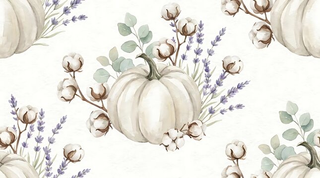 White pumpkin and cotton floral seamless pattern watercolor illustration
