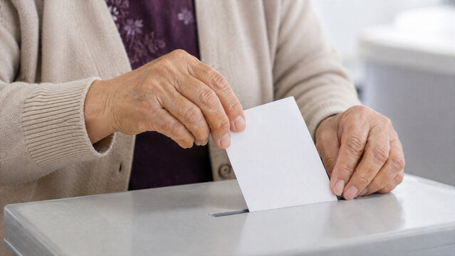 Senior woman casting ballot into plastic voting box. Aged person participating in democratic election. Process of submitting paper vote at polling station. Civic duty and active lifestyle.