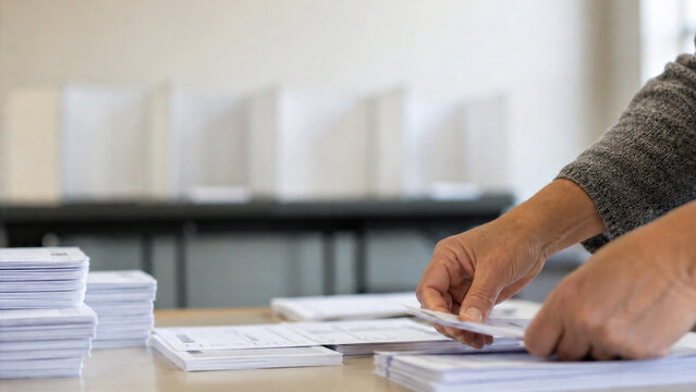 Woman counting paper ballots at polling station. Voting process during election. Official electoral commission staff preparing ballot papers for distribution at local voting precinct.