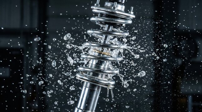A metal suspension shock absorber is sprayed with water creating dynamic splashes and droplets