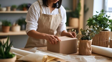 Fototapeta premium A person wearing an apron carefully wraps a cardboard box surrounded by plants and wrapping paper on a wooden table