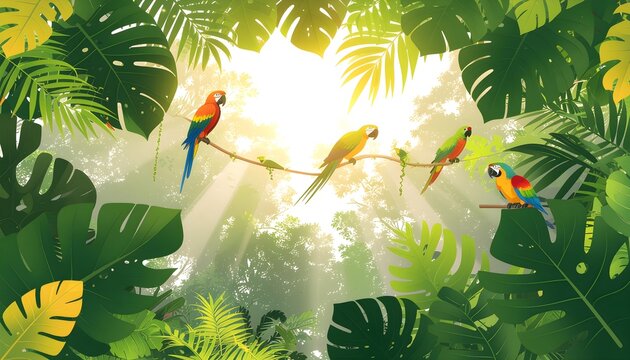 Tropical Rainforest Canopy View from Below with Golden Sunlight Piercing Through Leaves and Colorful Parrots Perched on a Vine Branch Illustration