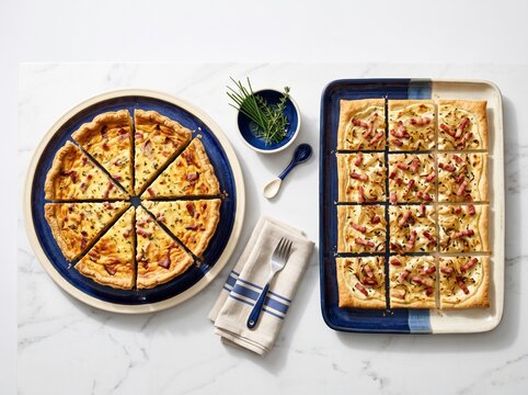 Gourmet studio composition of French quiche and Tarte Flambee serving portions
