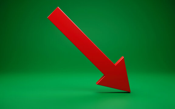 Red downward arrow indicating a decline during a business recession against a green studio setting
