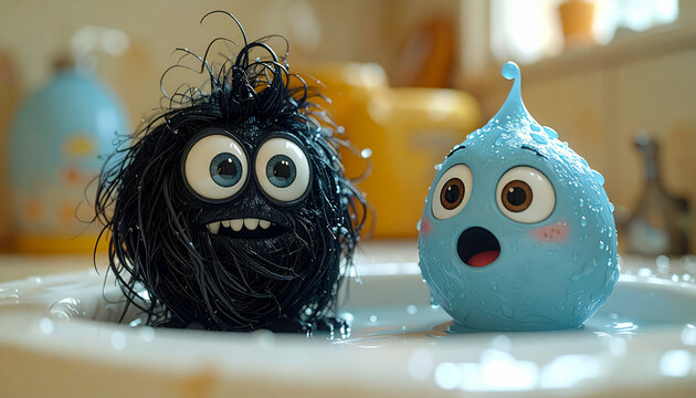 Surprised water drop clay character in sink beside messy black sphere with wide eyes and wet surface, cute stop motion style