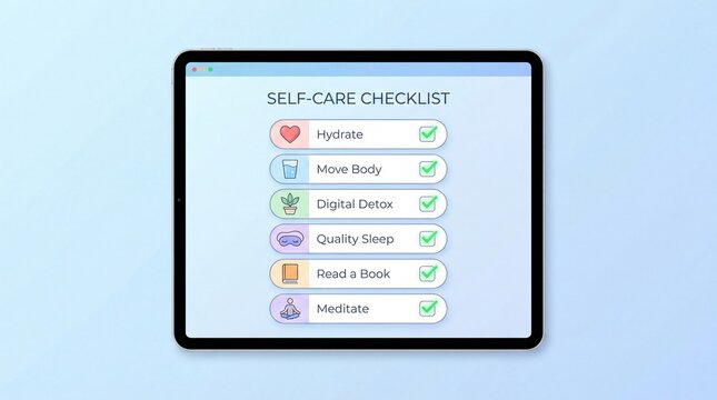 Self-care checklist on a tablet with a light blue background