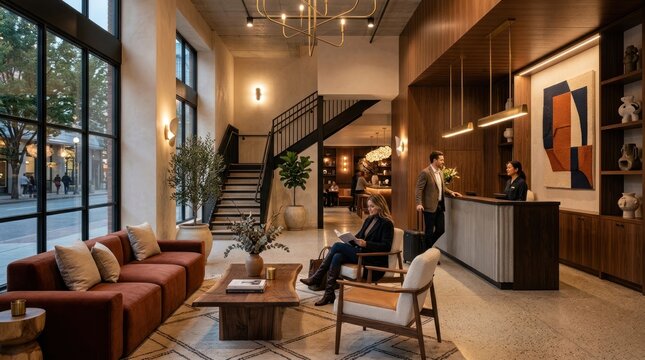 A modern, stylish lobby with a wooden reception desk, a large sofa, and a coffee table in a well-lit, spacious room with large windows and a staircase.