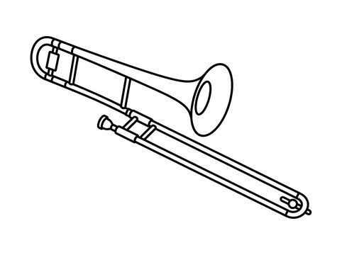 Black and white trombone line drawing illustration isolated on white background