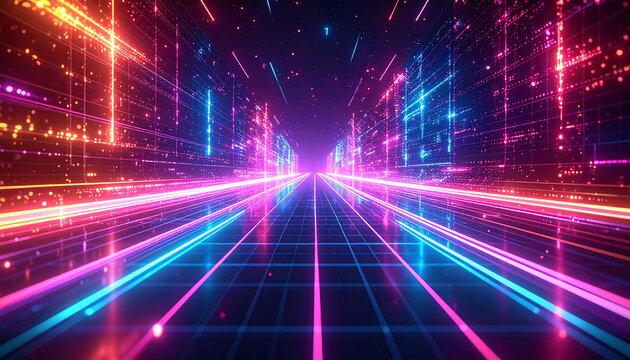 Digital city neon light glowing line futuristic street data stream grid floor abstract tunnel purple glow blue light pink light cyber space motion blur perspective view energy beam cityscape