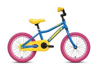 Fototapeta premium Bright Blue and Pink Children Bicycle with Yellow Accents for Outdoor Play and Active Kid Lifestyle Isolated on White Background