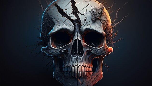 highly detailed eerie cracked skull with missing flesh in dark light