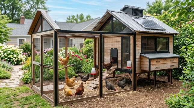 A chicken coop with chickens inside, surrounded by a garden with flowers and a house in the background.