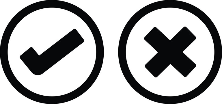 black check mark and cross mark icon set. Check mark icons .black tick and x. Symbols of approval and Decline. . vector illustration.