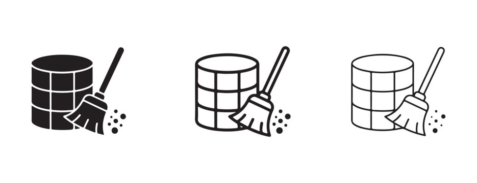 broom sweeping dust from a barrel trash can in various line styles
