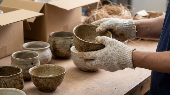 Man holding handmade ceramic bowl in pottery studio. Artisan inspecting crafted clay cup before packing. Small business production and artisan craft work at workbench in workshop.