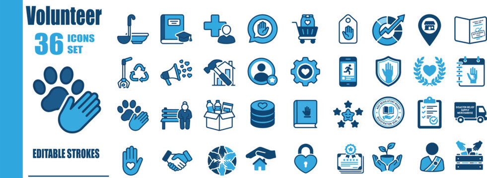 Volunteer Duotone Line Icon Set - Flat Vector Community Organization Branding, NGO App Symbols, Altruistic Activism Badges, and Humanitarian Outreach UI Interface Signs