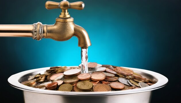 a faucet with water dripping into a basin full of coins