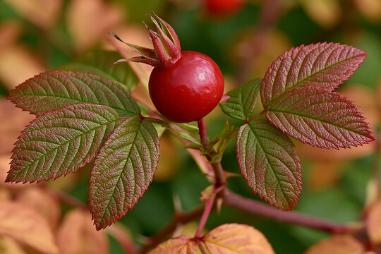 Red fruit grows on a green plant in a garden
