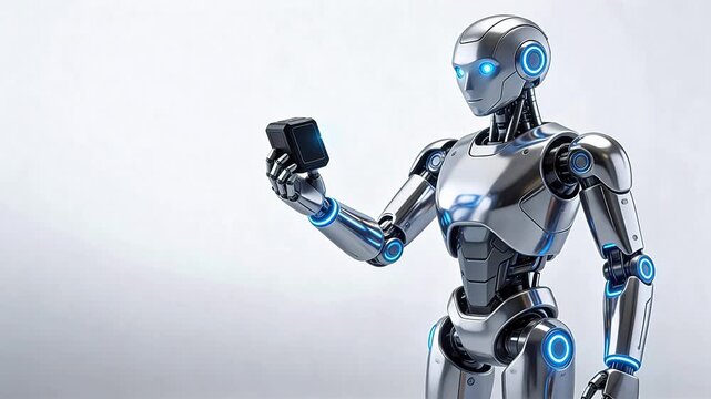 Silver humanoid robot with glowing blue eyes