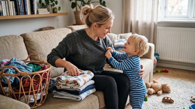 Warm home scene showing a mother caring for a toddler during laundry, making invisible care work and everyday family labor easy to understand.