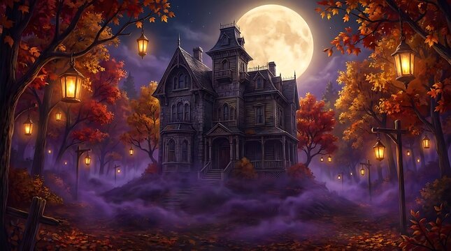 Spooky mansion under full moon with autumn trees and lanterns
