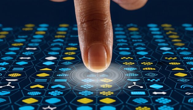 Extreme Macro of Fingertip Touching Glowing AI Digital Interface Touchscreen