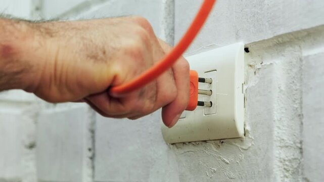 Hand Plugging Orange Cable Into Wall Outlet Brick Wall