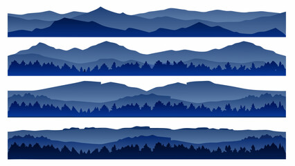 Blue mountain range silhouettes with coniferous forest layers a horizontal vector illustration series alpine ascent azure background © Sukhendu