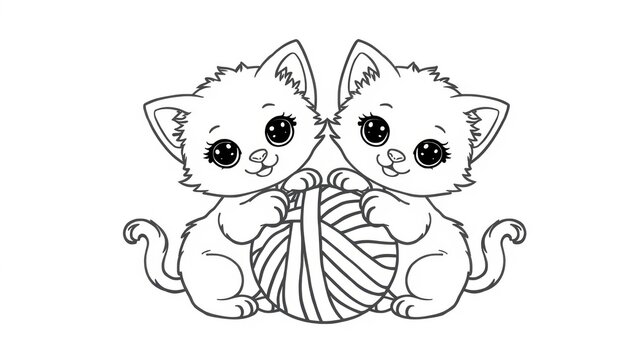 Two cute kittens playing with a ball of yarn line art illustration isolated on white background