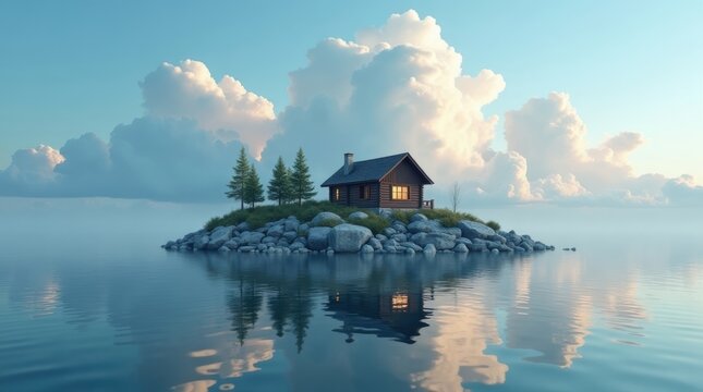 Small wooden cabin on a tiny island in the middle of a calm blue lake isolated on white background