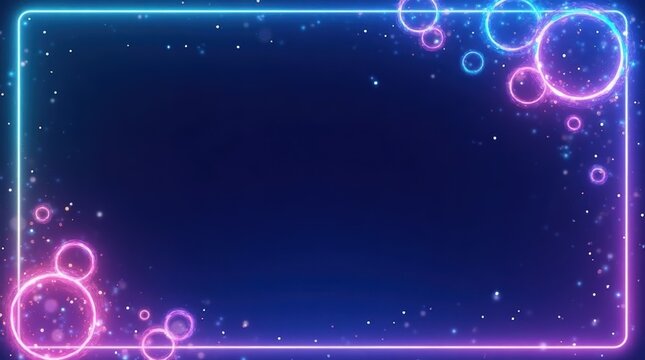 Abstract neon glowing frame with bubbles on a dark blue background isolated on white background