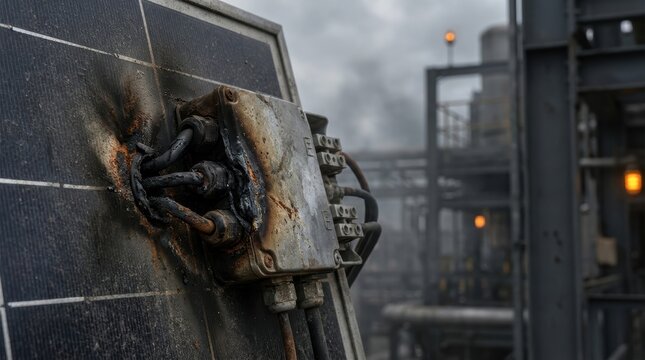 Close up of a damaged burnt solar panel junction box with industrial structures in the background