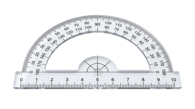Measuring angles with a clear plastic protractor isolated PNG on a white background