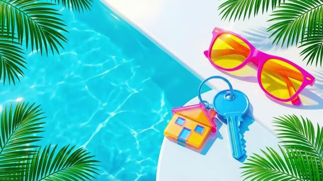 House keychain with miniature model and colorful sunglasses beside swimming pool edged with palm leaves. Tropical vacation property ownership concept. Dream home in sunny resort environment for
