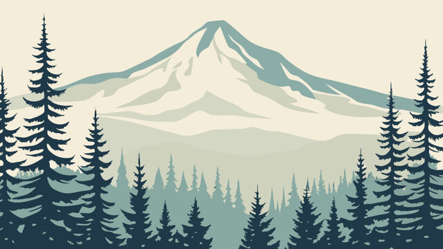 Stylized illustration of a mountain range with evergreen trees in muted green and gray tones alpine landscape