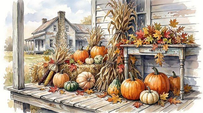 Harvest autumn decoration outdoor farmhouse porch scene